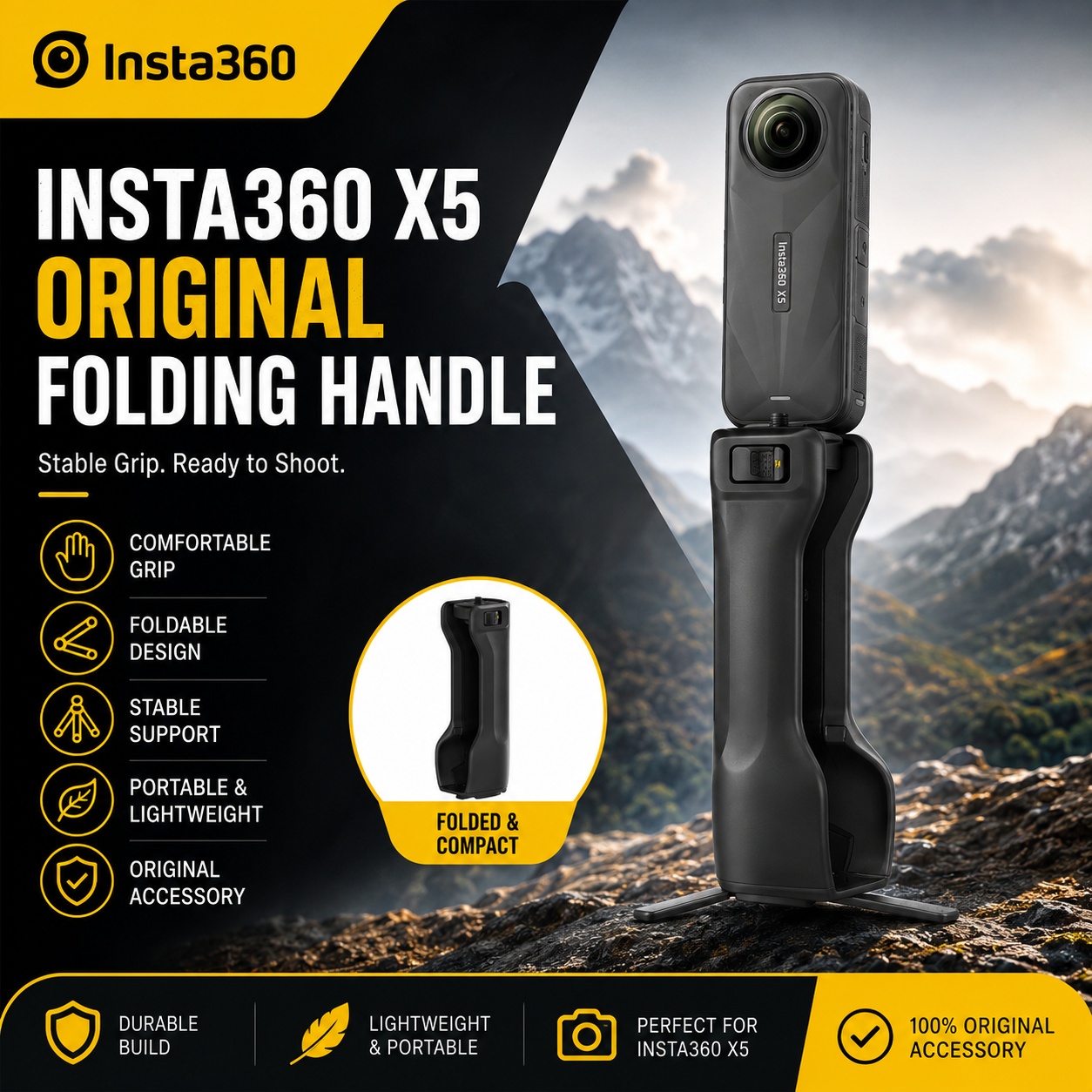Photography Grip Insta360 X5 - Poignée pliable pour Insta360 X5, poignée
